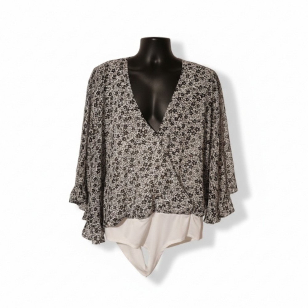 Pink Lily Women's Black & White Floral Sheer Lined Body Suit Top Plunge Size 3XL